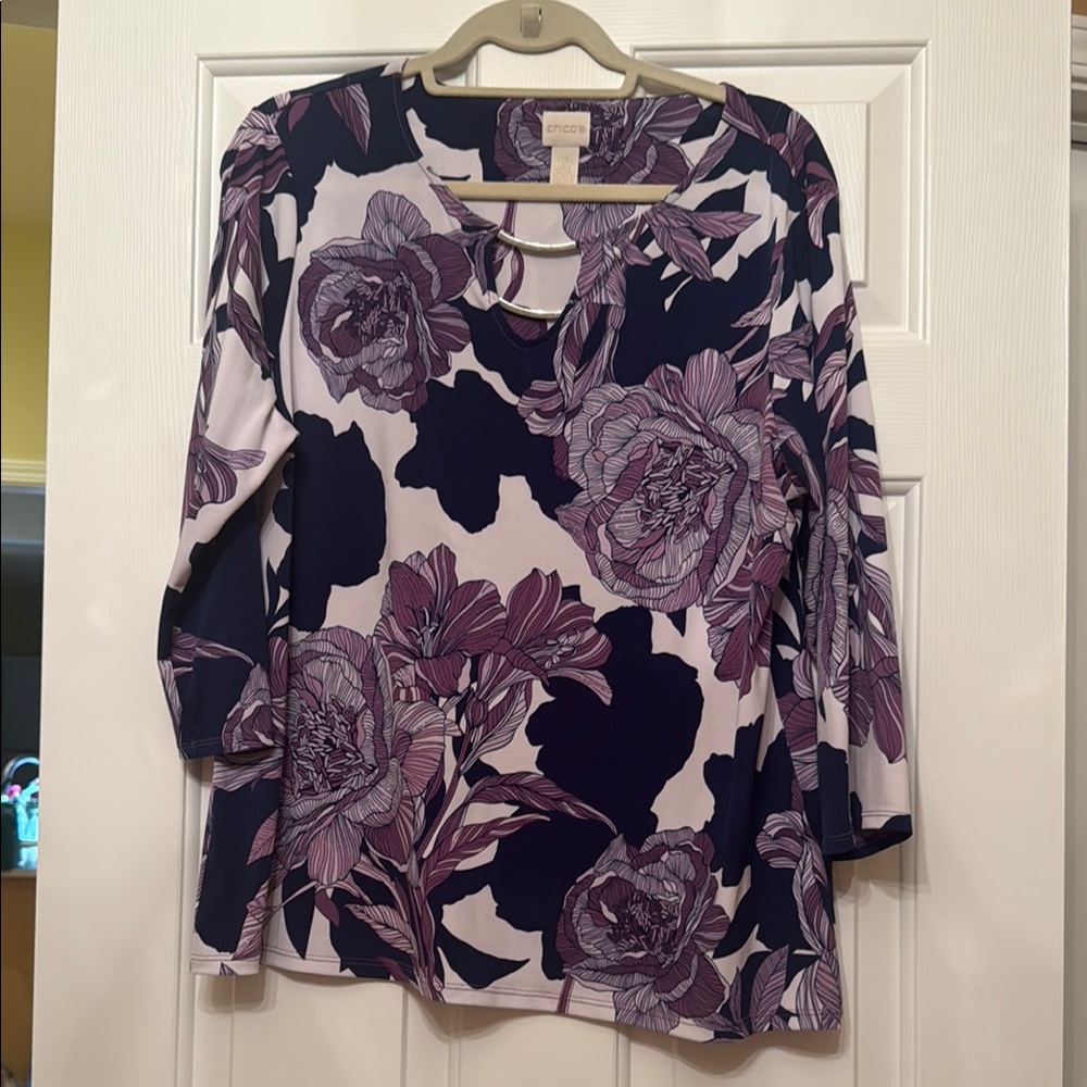 Chico's Relaxed Black and Purple Blouse with Artistic Design